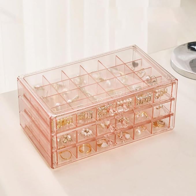 Earring Organizer Box Acrylic Stackable Jewelry Organizer with 3 Drawers 72 Small Compartments Clear Jewelry Display Stand for Stud Earring Ring Pin Display (Pink)