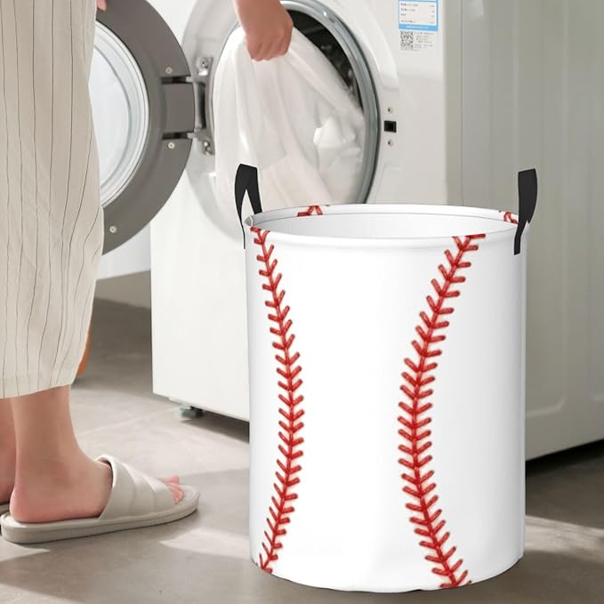 Baseball Laundry Hamper, White with Red Stitching, Collapsible Polyester Storage Basket with Handles, 15.7x19.6 Inches (Baseball)