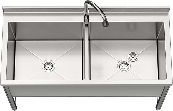 47" Stainless Steel Commercial Sink 2 Bowl Freestanding Kitchen Sink with Pull-out Faucet, Large Utility Sink for Kitchen, Dishwashing, Thawing, Laundry Room, Garage, Outdoor, Total Capacity 50 Gallon