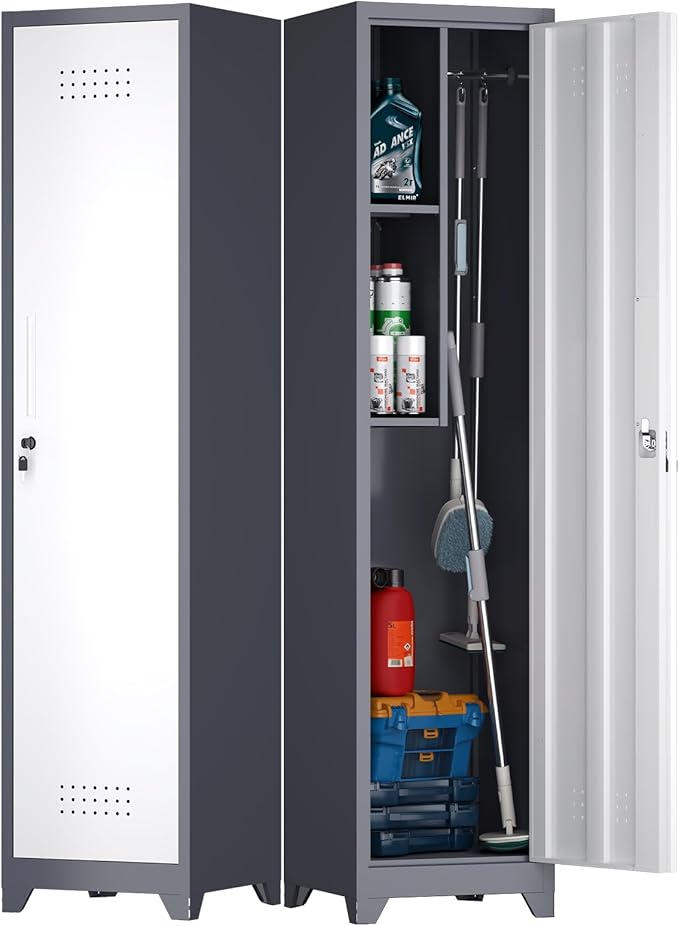 65"H Slim Broom Storage Cabinets, Metal Lockable Storage Cabinet with Single Door, Utility Cabinet for Brooms and Mops, Cleaning Storage Cabinet with Hanging Rod & S-Hooks for Bathroom, Garage
