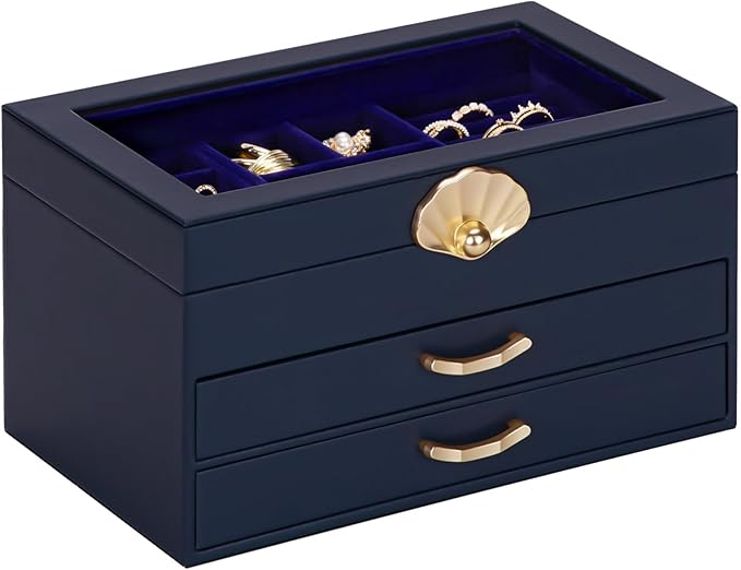 Jewelry Box with 2 Drawers: Display Organizer for Earrings Necklaces - Gifts for Girls Women (Dark Blue)