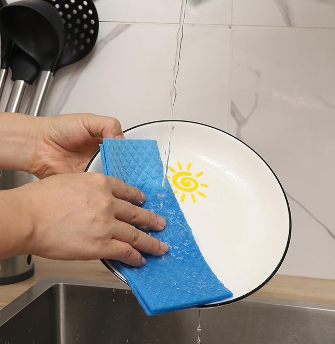 MoLKENE Swedish Dishcloths for Kitchen | 6 Pack Absorbent Cellulose Sponge Cloths Washable | Non-Scratch Reusable Paper Towels Quick Drying Cleaning Cloths - Blue