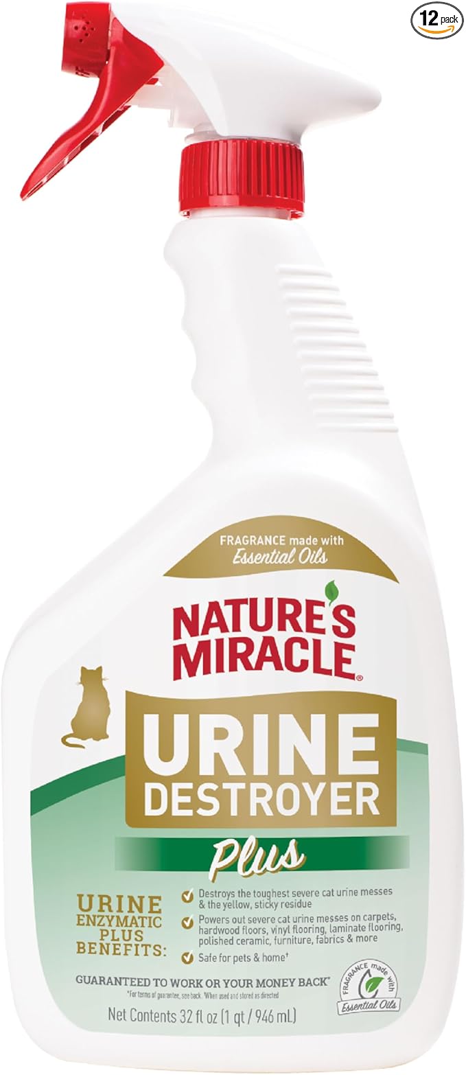 Nature’s Miracle Urine Destroyer Plus Cat, 32 Ounces, Enzymatic Formula, Ready-to-Use (Pack of 12)