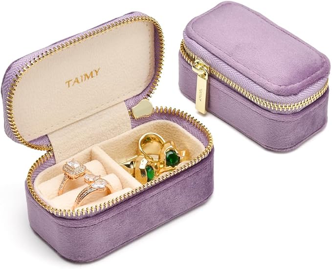 TAIMY Small Travel Jewelry Case, Mini Tiny Plush Velvet Jewelry Box for Women and Girls, Pocket Size Jewelry holder organizer for Rings Earrings and Small Items(Lavender)
