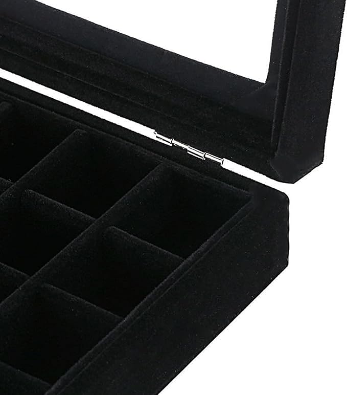 Velvet Jewelry Box 24 Grid Jewelry Earrings Display Organiser Box Ring Tray Holder Earrings Storage Case for Girls Women Wife Mom (Black)