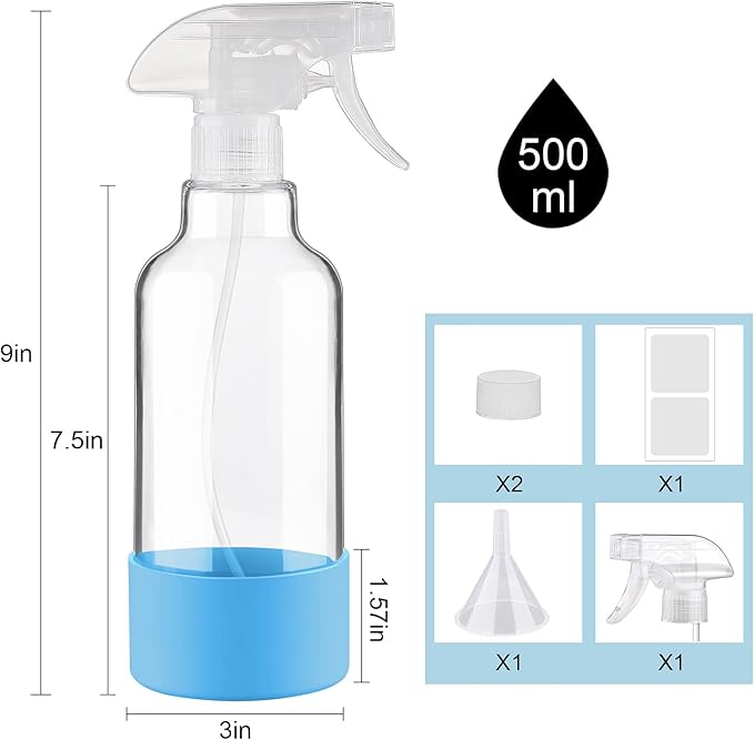 Ronyes Lifescience Glass Spray Bottles with Silicone Sleeve, 2 Pack 16.9oz Refillable Containers with Adjustable Spray Nozzles, Empty Spray Bottle for Cleaning Solutions, Hair, Plants (Blue+Grey)