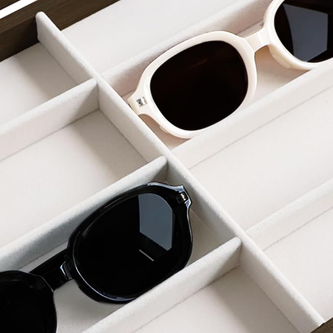 Wudygirl Sunglasses Organizer 8 Slot Jewelry Organizer Tray Vintage Jewelry Box Wooden Glasses Organizer with Lid Watches Display Jewelry Tray for Women (Beige 8 Grid
