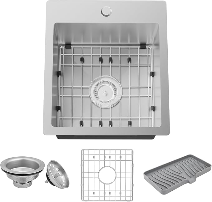 Kitchen & Bar Sink,15x17 Inch Bar Sink Stainless Steel Drop In Small Kitchen Sink Ideal Choice For Small Spaces Topmount Sink With Bottom Grid,Soap Mat And Drain Assembly Serve Both Kitchen And Bar