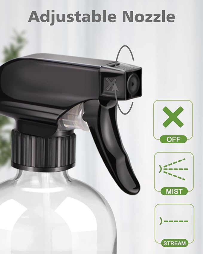Rionisor Glass Spray Bottles with Silicone Sleeve Protection, Empty 16OZ Reusable Spray Bottles, Refillable Containers with Spray Nozzles for Cleaning Solutions, Plants and Essential Oils 1 Pack Black