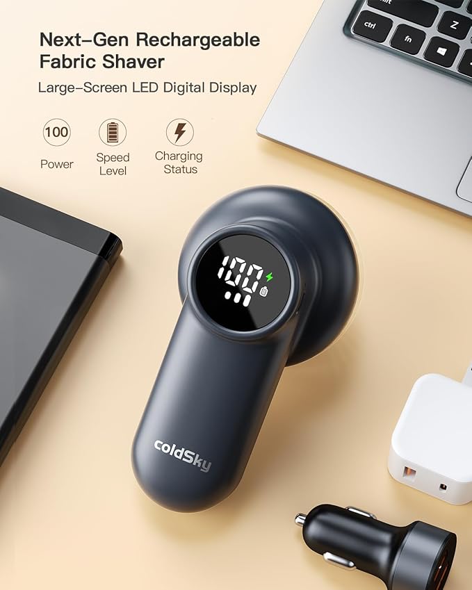 coldSky Rechargeable Fabric Shaver, Lint Shaver with Digital Display, Sweater Shaver with 6-Leaf Blades and Safety Lock, 3-Speeds Defuzzer Remove Fuzz, Pills from Clothes, Furniture, Sofa, Dark Gray