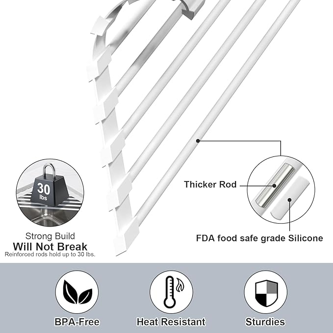 HANZENMA Triangular Sink Rack, Multi-Functional Rack Above The countertop, Foldable Sink Drying mat, Heat-Resistant, Non-Slip, and Rust-Proof Dish Rack (White)