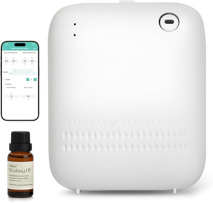 Waterless Diffuser,Wireless Essential Oil Battery Operated,2000 Sq Ft,Safety Lock,Quiet,Bluetooth App,Hotel Home Collection Scent Machine - Cloud White
