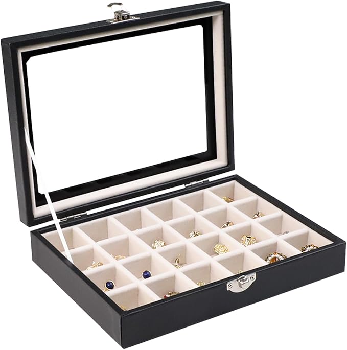 Wudygirl 24 Grid Jewelry Box Velvet Jewelry Organizer with Clear Lid Ring Holder for Drawers Earring Holder Organizer Ring Storage Jewelry Display Case for Women Girls (Beige)