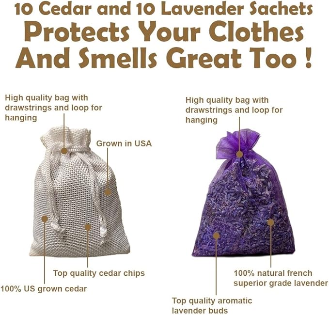 Professor Killamoth Cedar Chips and Lavender Sachets (20 Pack) - Stop Clothes Damage - Cedar and Lavendar Home Fragrance Sachets for Drawers and Closets