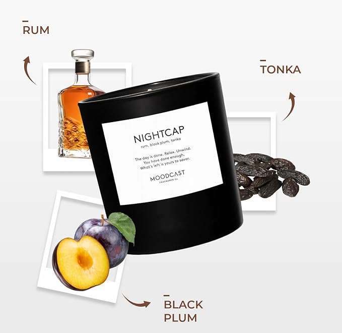 Moodcast Nightcap Scented Candle – Aesthetic Candle for Home, Rum, Black Plum & Tonka, Clean Coco Wax Blend, Vegan, Paraben-Free, 45-Hour Long Lasting Burn – 8oz