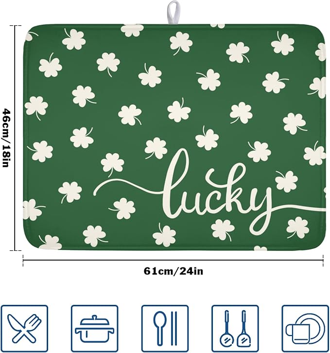 Wnoesat St Patricks Day Lucky Clover Dish Drying Mats for Kitchen Counter Green White Shamrock Dish Drying Pad St Patrick Microfiber Absorbent Reusable Washable Large Dishes Drying Mat 18x24 Inch