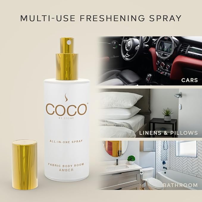 COCO by Stone 5oz All-in-One Spray (Amber) Shake & Spray Formula for Fabric, Pillows, Interiors, Clothing, Home Fragrance Accessories, Room Perfume, Room Deodorizer, Vegan & Cruelty-Free