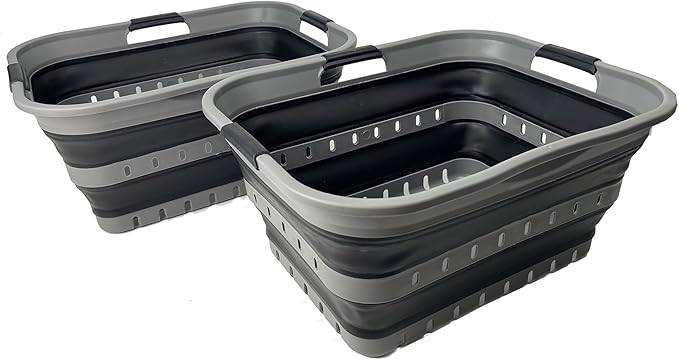 SAMMART 42 (11 Gallons) Collapsible Plastic Laundry Basket, Foldable Pop Up Storage Container/Organizer, Space Saving Hamper, Portable Bin for Dorm Room Bathroom (2, Grey/Black)