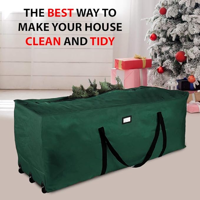 Primode Rolling Tree Storage Bag, Fits Up to 9 ft. Disassembled Holiday Tree, 28" Height X 16" Wide X 60" Long, Extra Large Heavy Duty Storage Container with Wheels and Handles (Green)