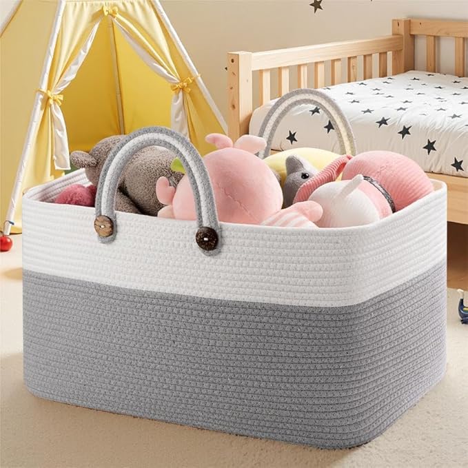 OIAHOMY 75L Large Blanket Basket, 22”x17”x12” Rectangle Woven Baskets For Storage, Nursery Blanket Storage Living Room, Toy Box With Long Handle-Gradient Grey With White