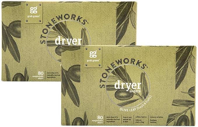 Grab Green Stoneworks Cruelty-Free Dryer Sheets | Softens Fabrics, Freshens Clothing & Reduces Static-Cling and Wrinkles | Plant Based | Olive Leaf Scent (160 Sheets)