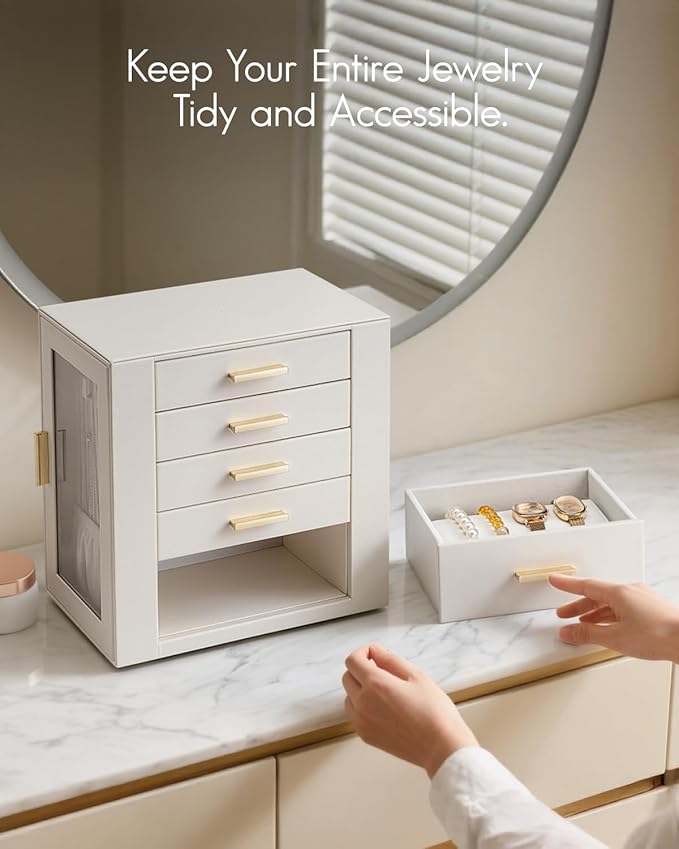 Vlando 360° Rotating Jewelry Box with 5 Drawers, Large Jewelry Storage with 2 Glass Window, PU Leather Jewelry Organizer for Bracelets, Necklaces, Earrings, Rings - Cloud White