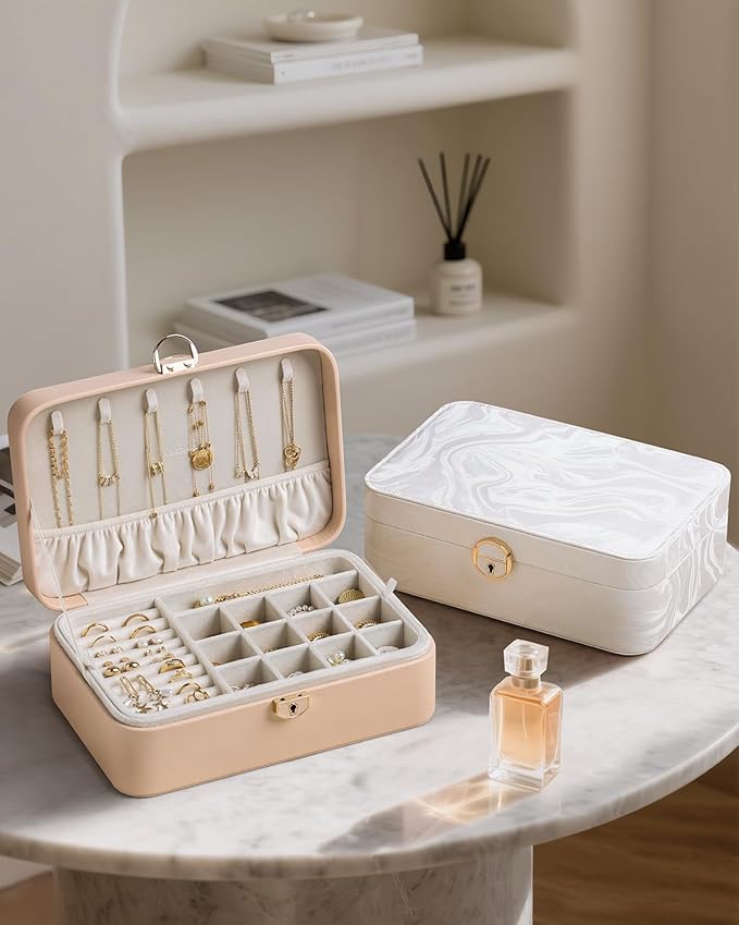 CASEGRACE 2-Layer Jewelry Box with Removable Tray, Portable Jewelry Organizer for Earrings Necklaces Rings, Gift for Women Girls on Birthday Valentine's Day (Amber powder)