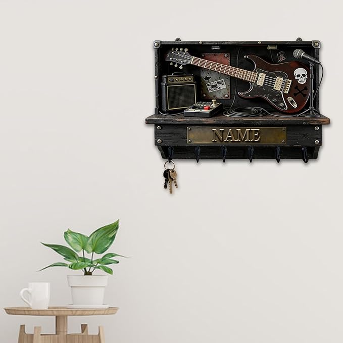 Personalized 2D Flat Print Guitar Stand Themed Wall Mounted Hooks for Music Lovers Family Friends Custom Rock Electric Guitar Coat Rack Music Themed Key Storage Holder for Living Room Hallway Office
