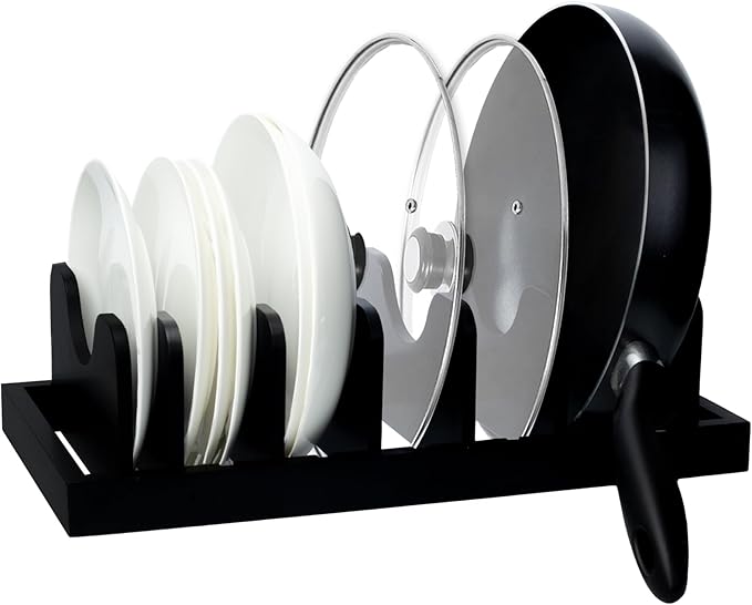 MinBoo Bamboo Pot Lid Organizer Pot Lid Holder, Pot and Pan Organizer Drawer Organizer for Pot Lids, Pans, Cutting Boards & Baking Sheets, Dinner Plates, Reusable Containers in Cabinet Storage,Black