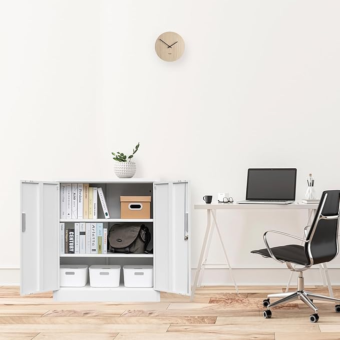 CJF Pantry Cabinet, Metal Storage Cabinets with Shelves and Doors, Steel Locking Cabinet for Kitchen Storage, Home Office, Garage, Utility Room and Basement, 36.2" H x 31.5" W x 15.7" D (White)
