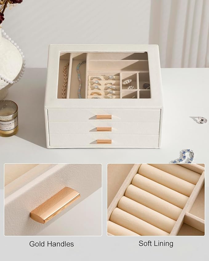 Jewelry Box with Glass Lid, 3-Layer Jewelry Organizer for Women Girls, PU Leather Display Case with 20-Grid Earring Tray & Movable Dividers for Necklaces Rings - Cloud White