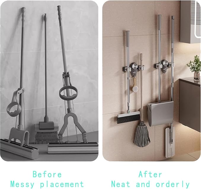 Mop and Broom Holder Wall Mount, No Punching Required Broom and Mop Organizer Wall Hanging with Hooks for Bathroom, Laundry Room, Garage, Kitchen,Garden Tool Organizer Storage (4pcs Transparent)