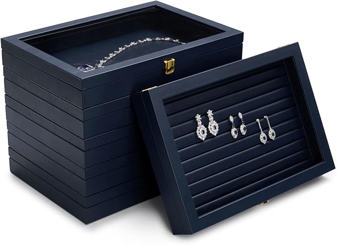 Oirlv Premium Blue Leather Rings Earrings Organizer Tray with Clear Lid Jewelry Display Box with Acrylic Lid Stackable Jewelry Box Drawer Inserts