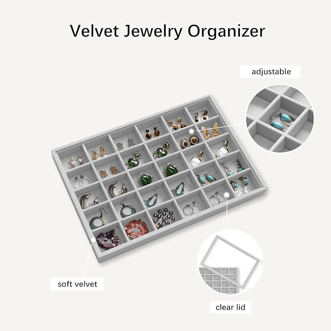 Wudygirl Jewelry Organizer Velvet Jewelry Tray with Lid Earring Holder Organizer Drawer Insert 30 Gird Earring Tray Ring Storage for Women Adjustable (Gray)
