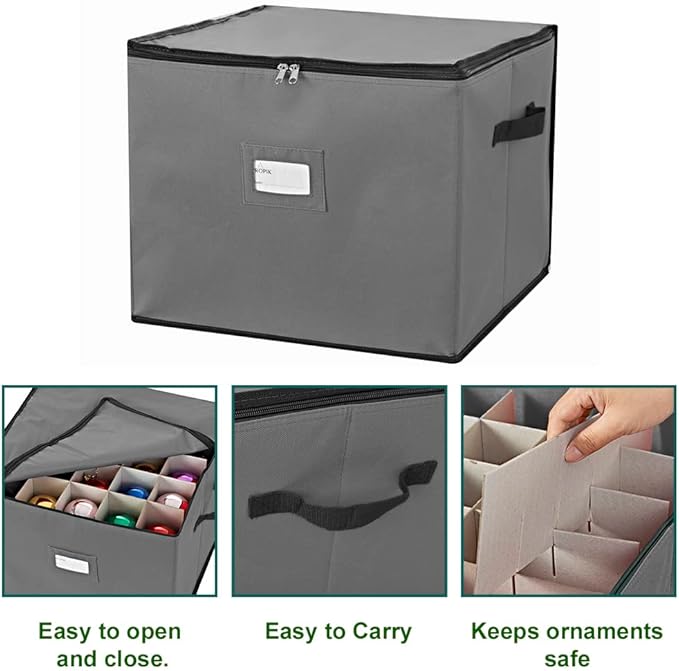 ProPik Holiday Ornament Storage Box Organizer Chest, With 3 Trays Holds Up to 75 Ornaments Balls, With Dividers To Organize (Grey)