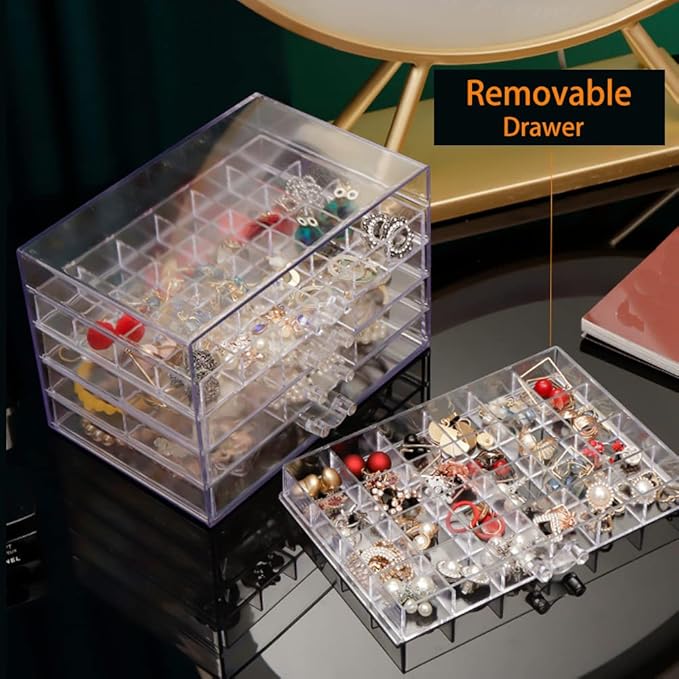 Acrylic Jewelry Box With 5 Drawers Clear Earring Storage Organizer Display Case Earring Organizer Box with Compartment Tray Transparent Jewelry Holder Organizer for Earrings Necklace Rings Bracelet
