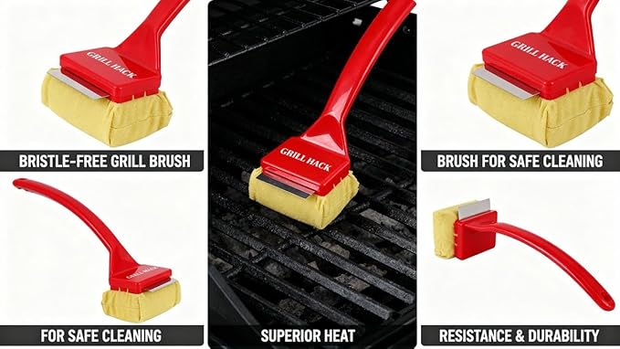 Bristle Free Grill Brush with Removable Cleaning Head, Seamless-Fit Scraper Tool for Cast Iron & Stainless Steel Grates, Safe BBQ Cleaner - Red