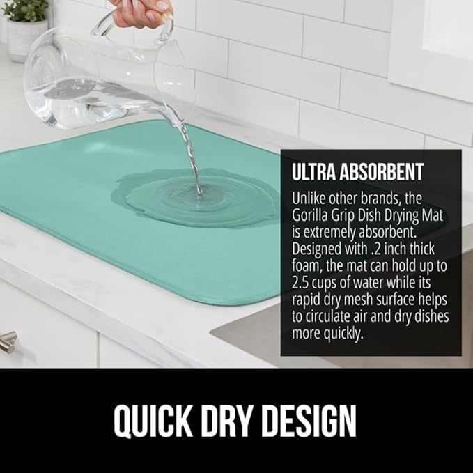 GORILLA GRIP Ultra Water Absorbent Microfiber Dish Drying Mat, 18x32, Quick Dry Thick Mesh, Slip Resistant Pad for Sink Dishes or Under Rack, Kitchen Counter Accessories, Machine Wash Mats, Mint
