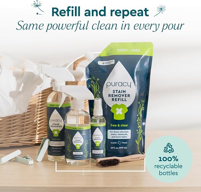 Puracy Stain Remover, Natural Travel and Laundry Stain Cleaner for Clothes, Baby Essentials, Kids Stains, Oil and Fabric Spot Cleaner, Unscented (Stain Remover Spray, 4 fl oz)