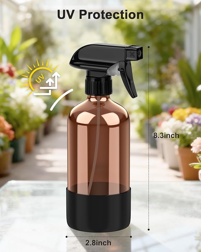 Bontip Amber Glass Spray Bottle with Silicone Sleeve Protection, 16 oz Refillable Spray Bottle for Cleaning Solutions, Plants, Aromatherapy, Facial Hydration (Black Sleeve(Amber Bottle)