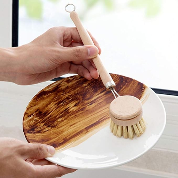 Vankcp 5 Pack Natural Bamboo Cleaning Brush Set, Pot Dish Scrub Brush with Handle and Flannel Bag Kitchen Brushes for Cast Iron Pots, Pans, Vegetable and Kitchen Cleaning