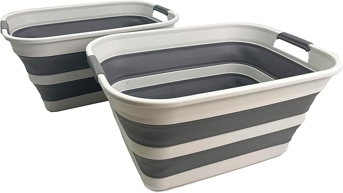SAMMART Set of 2 Collapsible Plastic Laundry Basket - Foldable Pop Up Storage Container/Organizer - Portable Washing Tub - Space Saving Hamper/Basket (Grey/Steel Grey, 27L)