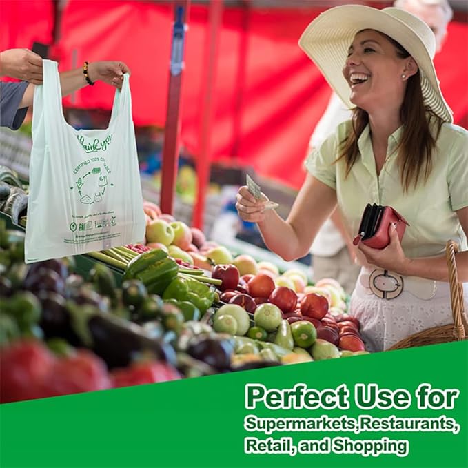 (Large) OrangeBio Certified Home Compostable Shopping Bags, 200ct, 12"x 6" x 20" (Extra Thick), Hold 20 lbs, Thank You/Grocery/Take Out/T Shirt/To-Go Bags for Retail, Grocery Store