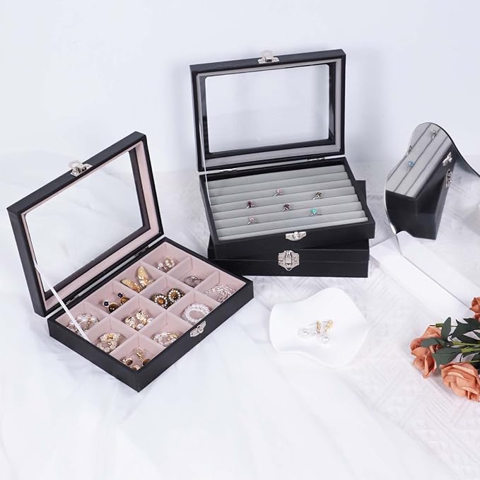 Stratalife Jewelry Display Case Leather Ring Box with Glass Top Ring Organizer for Women Compact Ring Holder Small Tray for Jewelry Storage Box with Lid Gray