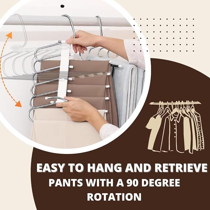 Set of Four - 5-Layer Stainless Steel Metal Pants Hangers | Space-Saving Hanger Rack for Men & Women | Folding Clothes Hangers | Multi-Purpose Organizer for Pants, Scarves, Jeans
