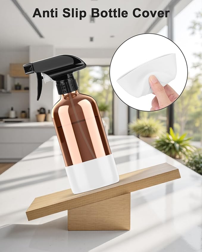 Bontip Amber Glass Spray Bottle with Silicone Sleeve Protection, 16 oz Refillable Spray Bottle for Cleaning Solutions, Plants, Aromatherapy, Facial Hydration (White Sleeve(Amber Bottle)