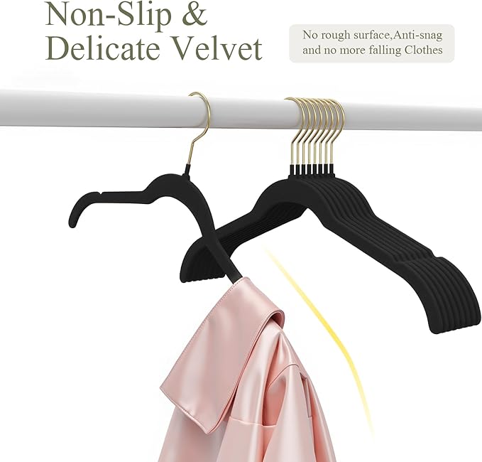 Korpai 50 Pack Black Velvet Hangers, Non Slip,Durable,Slim Hangers Space Saving,Felt Hangers with Gold 360°Swivel Hook for Coats,Strappy Dresses,Shirts,Sweater ect
