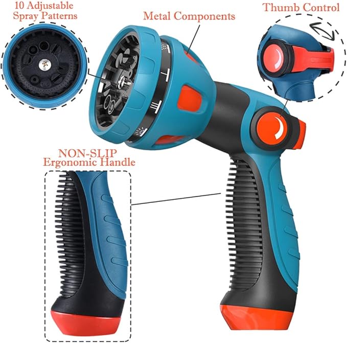 HmiL-U Garden Hose Spray Nozzle - 10 Adjustable Patterns Metal High Pressure Hose Nozzle with Thumb Control Design, Hose Sprayer for Garden & Lawns Watering, Cleaning, Pets & Car Washing