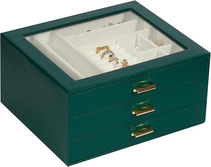 Jewelry Box Organizer with 3 Drawers,Glass Lid Jewelry Boxes for Women,Jewelry Storage for Rings,Necklaces,Earrings,Bracelets,Interesting Gift,Green
