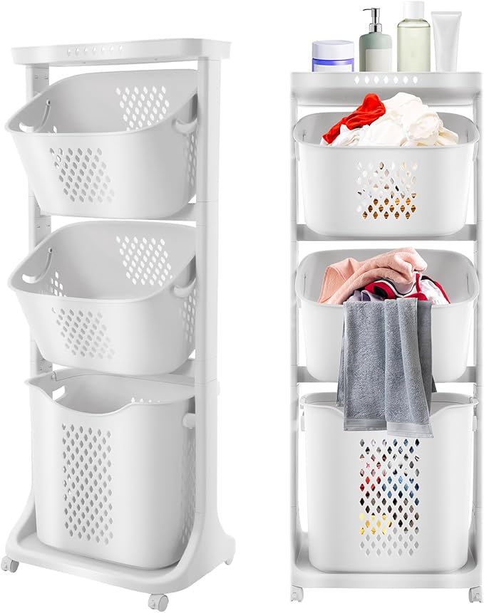 3 Tier Rolling Laundry Basket Vertical laundry hamper Sorter Cart with Wheels and Breaks Bathrooms Clothes Hamper 3 Section laundry organizer for Kitchens, Bedrooms, Laundry Rooms